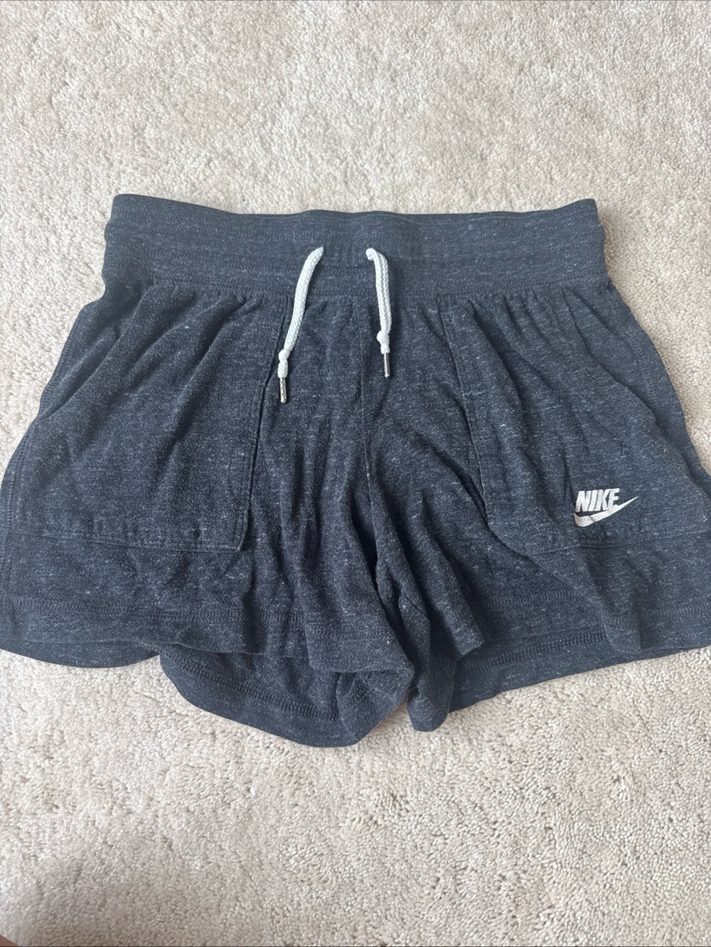 Nike Kids Dark Gray Pull‑On Athletic Shorts with White Drawstring